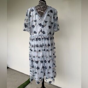 Chi Chi London Light Blue Embroidered Floral Midi Dress